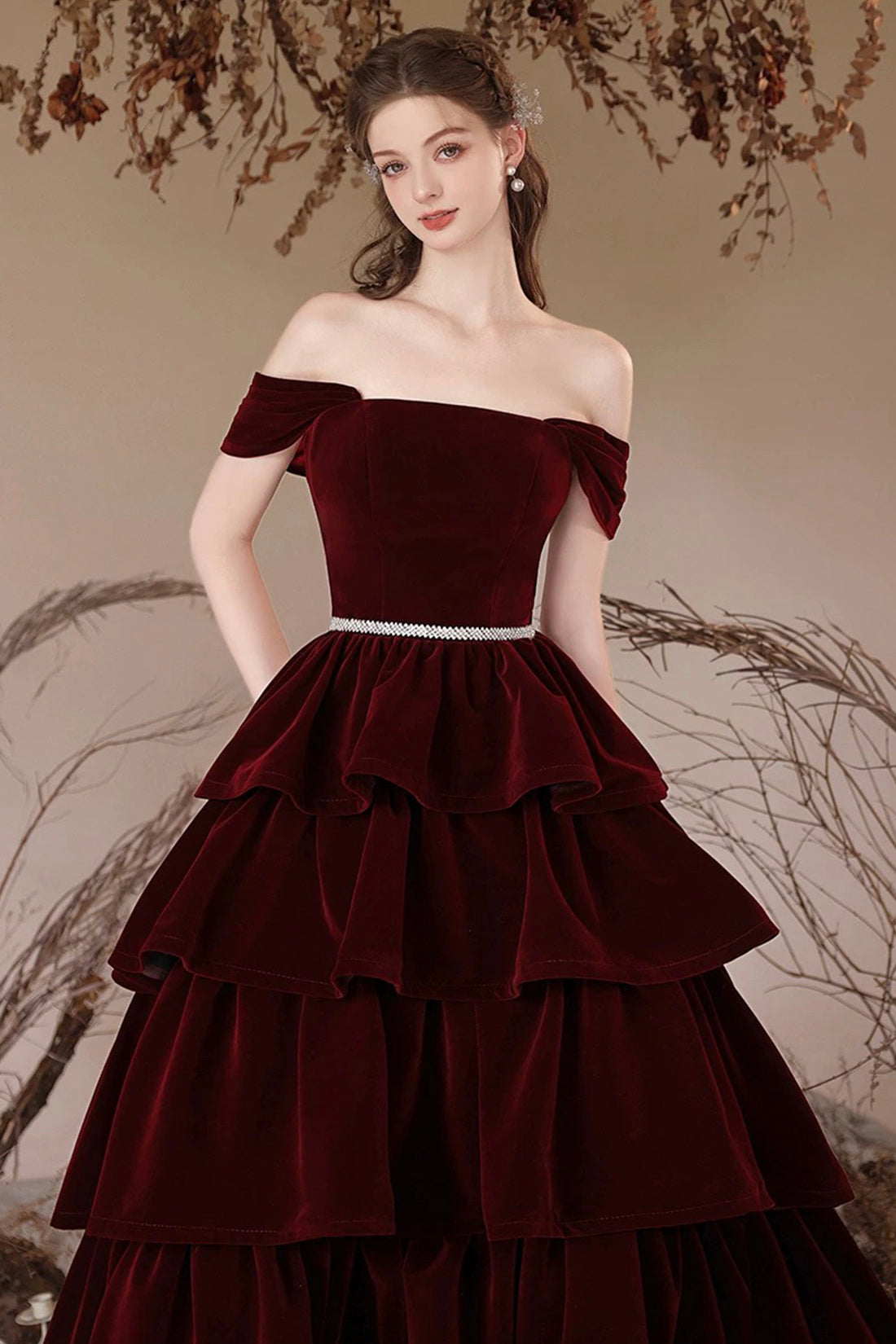 Burgundy Velvet Long Prom Dress, Lovely A-Line Off the Shoulder Formal Sweet 16 Dress