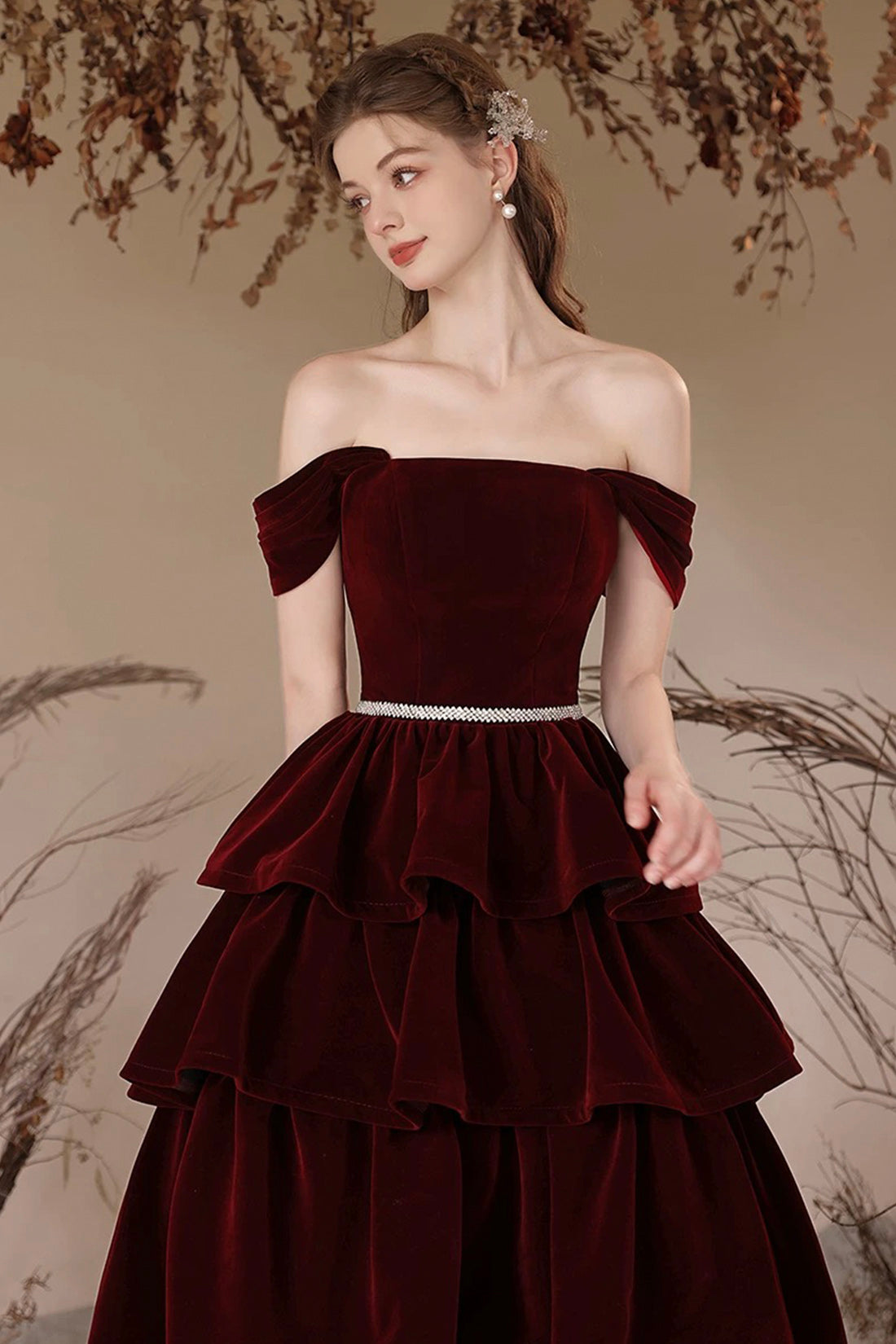 Burgundy Velvet Long Prom Dress, Lovely A-Line Off the Shoulder Formal Sweet 16 Dress