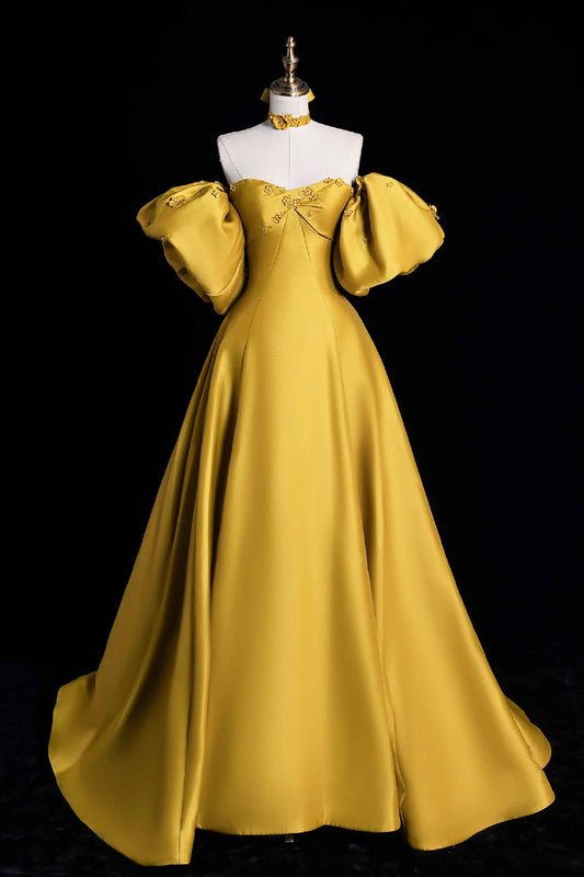 Yellow Satin Lace Long Prom Dress, Beautiful A-Line Off the Shoulder Evening Party Dress
