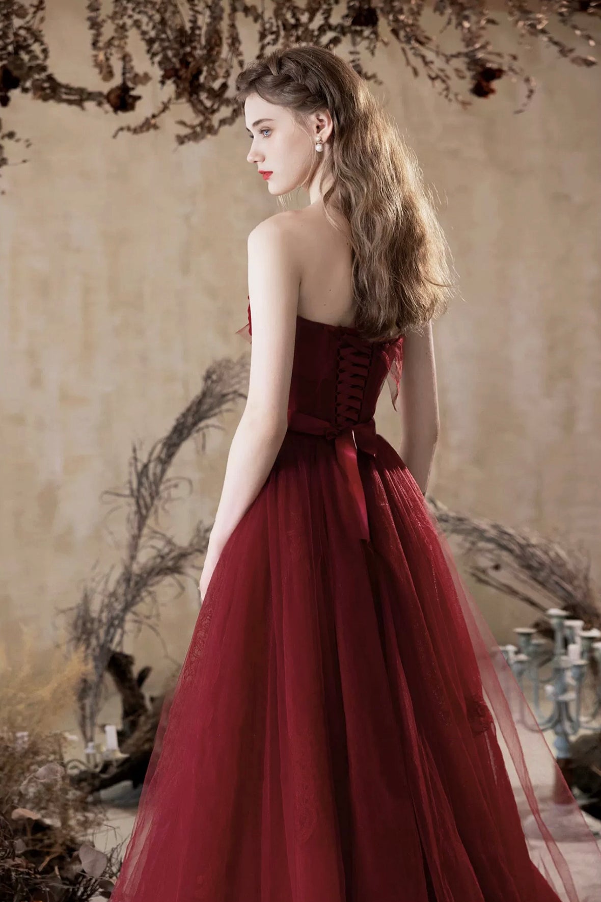 Beautiful A-Line Floor Length Prom Dress, Burgundy Tulle Lace Party Dress