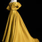 Yellow Satin Lace Long Prom Dress, Beautiful A-Line Off the Shoulder Evening Party Dress