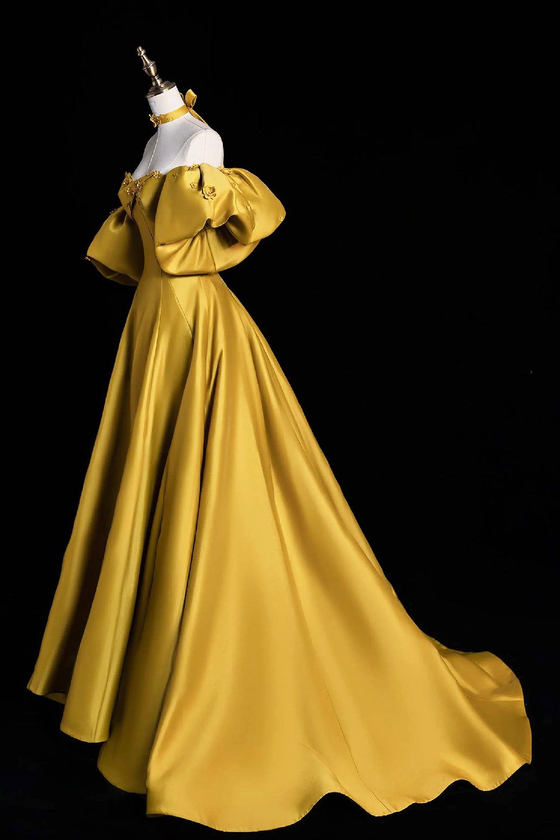 Yellow Satin Lace Long Prom Dress, Beautiful A-Line Off the Shoulder Evening Party Dress