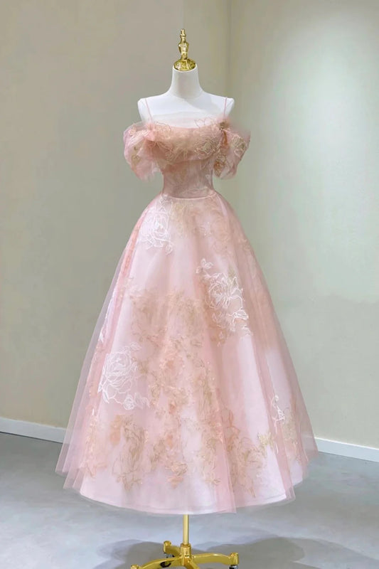 Pink Tulle Lace Short A-Line Prom Dress, Cute Off the Shoulder Evening Party Dress