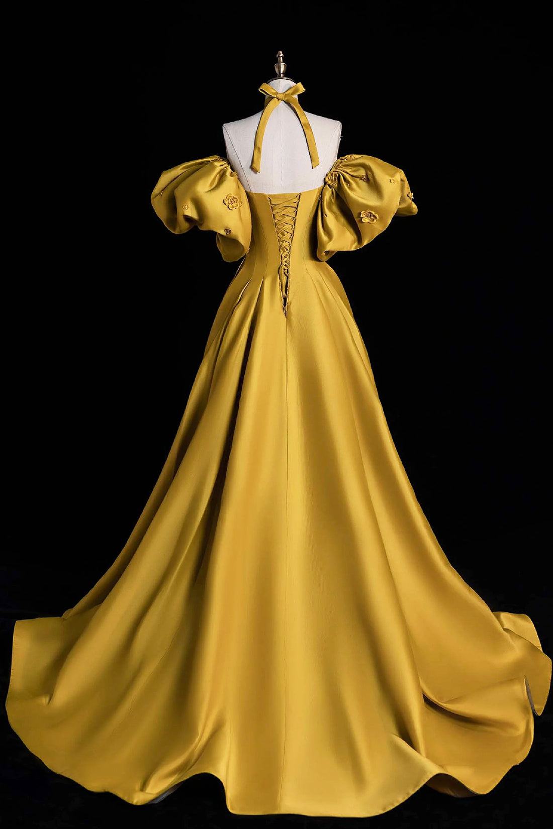 Yellow Satin Lace Long Prom Dress, Beautiful A-Line Off the Shoulder Evening Party Dress