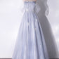 Gray Tulle Long Off the Shoulder Floor Length Prom Dress