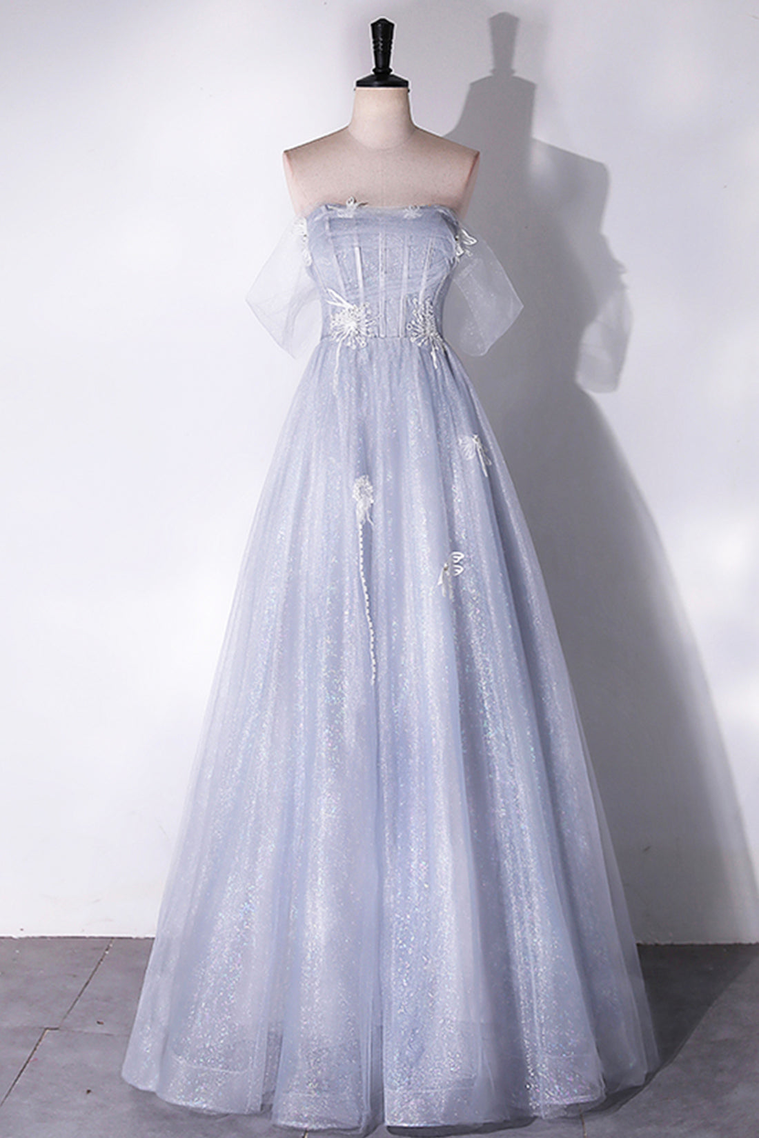 Gray Tulle Long Off the Shoulder Floor Length Prom Dress