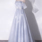 Gray Tulle Long Off the Shoulder Floor Length Prom Dress