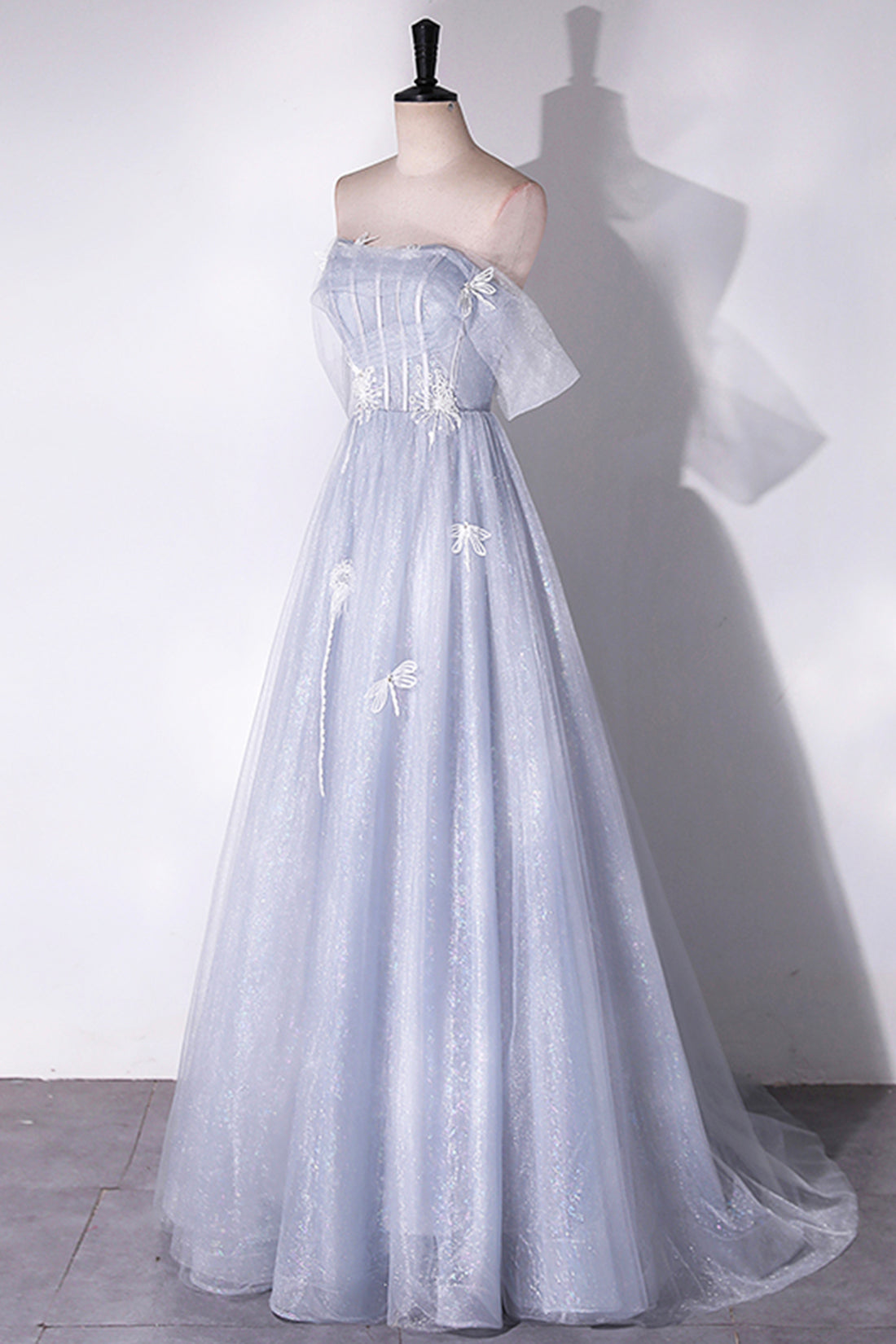 Gray Tulle Long Off the Shoulder Floor Length Prom Dress