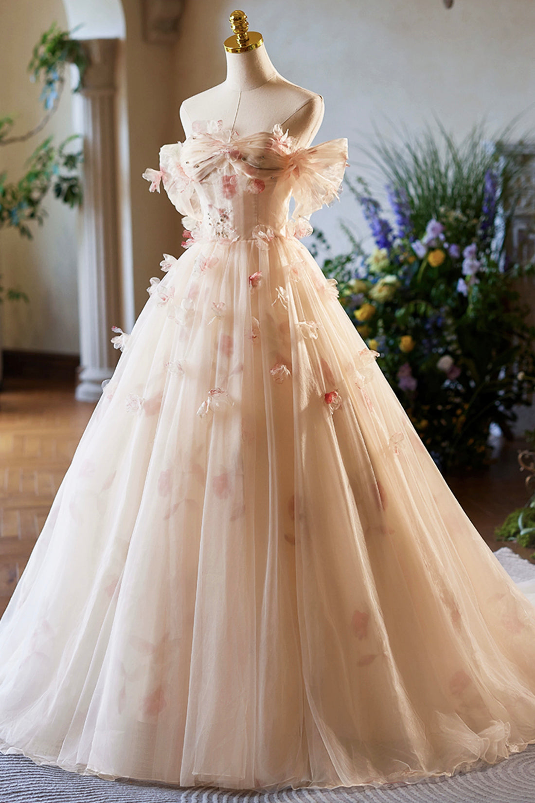 Champagne Tulle Floor Length Prom Dress, Beautiful Off the Shoulder Evening Party Dress