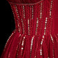 Burgundy Tulle Beads Long Prom Dress, Burgundy Backless Evening Party Dress