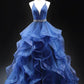 A-line Glitter Tulle Long Prom Dress, Blue V-Neck Spaghetti Strap Backless Evening Party Dress