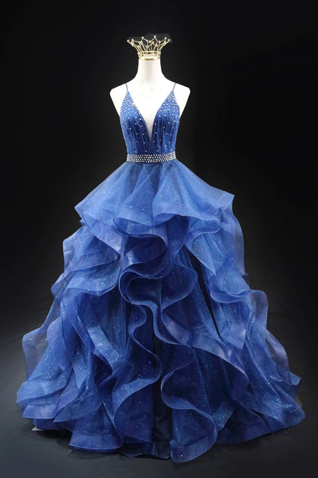 A-line Glitter Tulle Long Prom Dress, Blue V-Neck Spaghetti Strap Backless Evening Party Dress