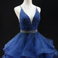 A-line Glitter Tulle Long Prom Dress, Blue V-Neck Spaghetti Strap Backless Evening Party Dress