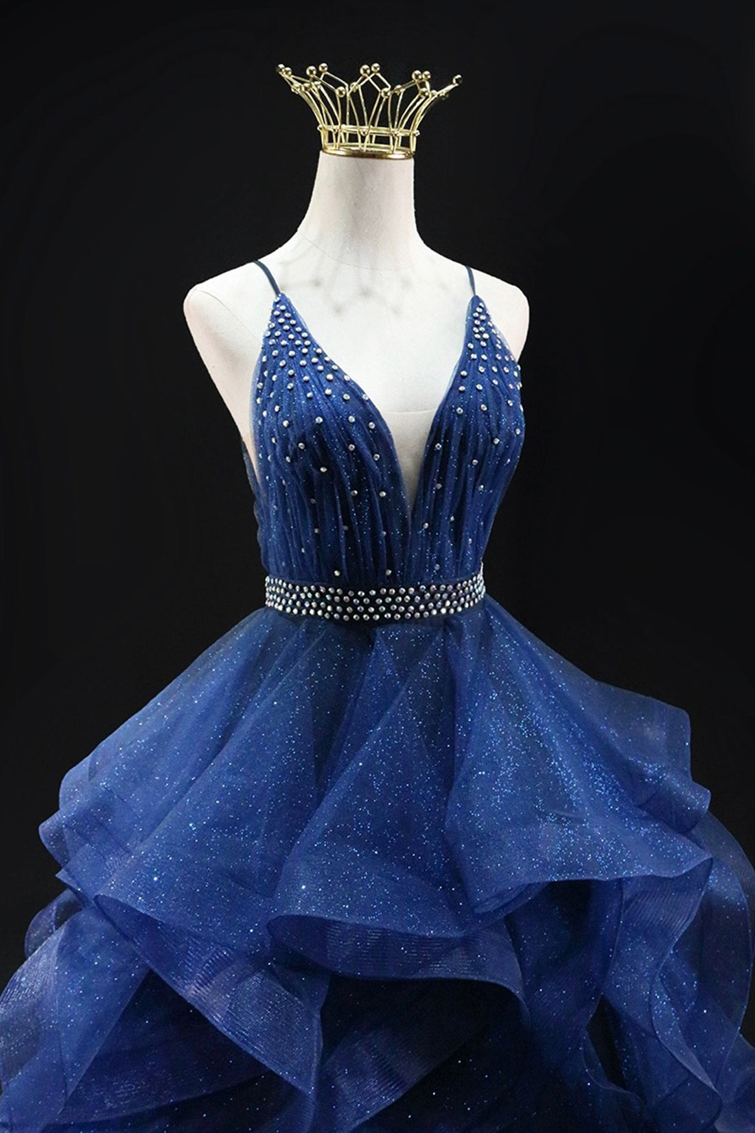 A-line Glitter Tulle Long Prom Dress, Blue V-Neck Spaghetti Strap Backless Evening Party Dress