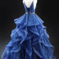 A-line Glitter Tulle Long Prom Dress, Blue V-Neck Spaghetti Strap Backless Evening Party Dress