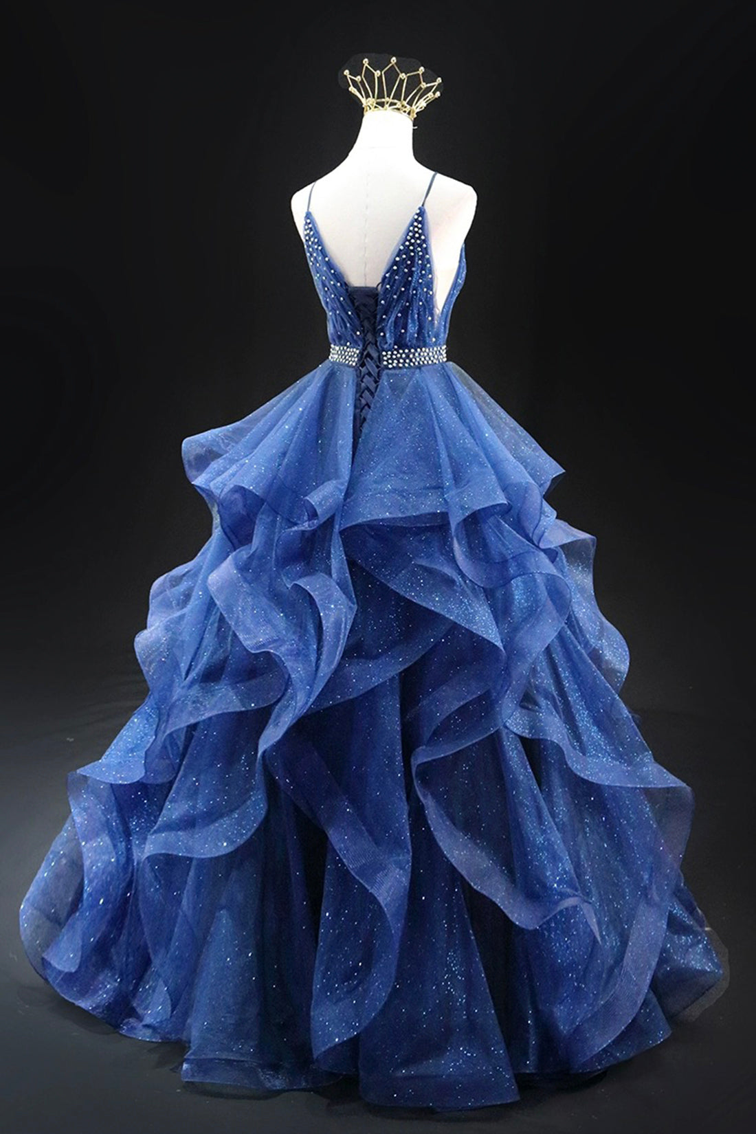 A-line Glitter Tulle Long Prom Dress, Blue V-Neck Spaghetti Strap Backless Evening Party Dress