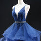 A-line Glitter Tulle Long Prom Dress, Blue V-Neck Spaghetti Strap Backless Evening Party Dress