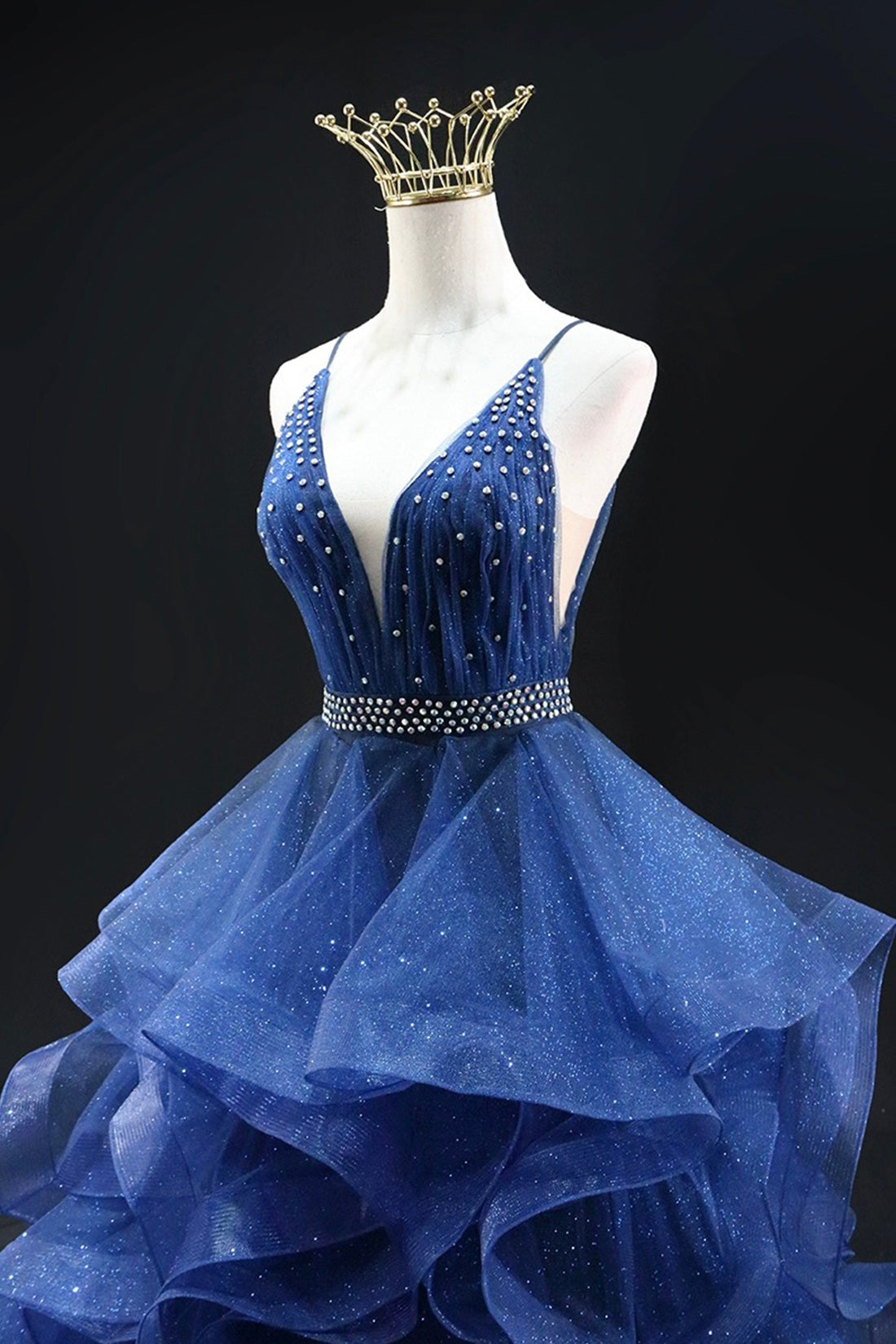 A-line Glitter Tulle Long Prom Dress, Blue V-Neck Spaghetti Strap Backless Evening Party Dress