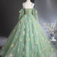 Green Floral Lace Long Prom Dresses, Green Spaghetti Straps Evening Party Dress