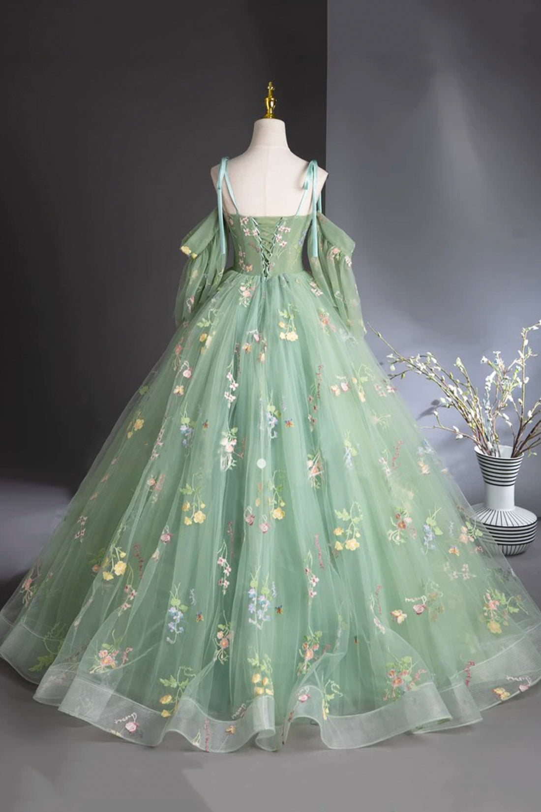 Green Floral Lace Long Prom Dresses, Green Spaghetti Straps Evening Party Dress