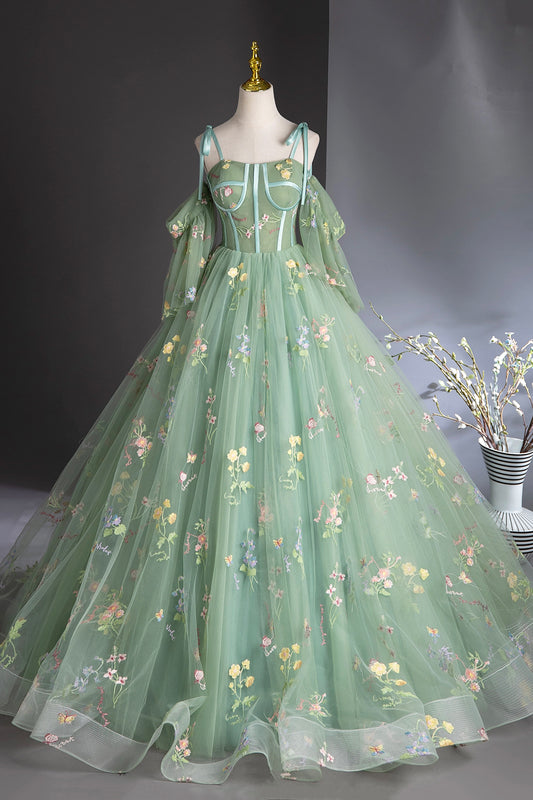 Green Floral Lace Long Prom Dresses, Green Spaghetti Straps Evening Party Dress