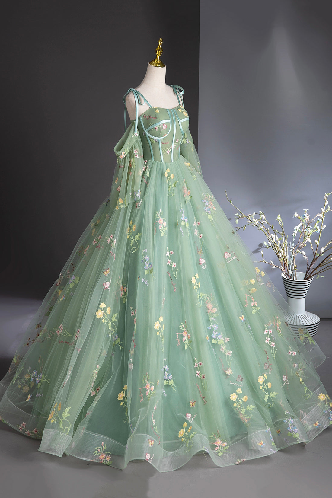 Green Floral Lace Long Prom Dresses, Green Spaghetti Straps Evening Party Dress