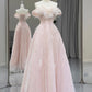 Pink Tulle Sequins Floor Length Prom Dress, Beautiful Off the Shoulder Party Dress