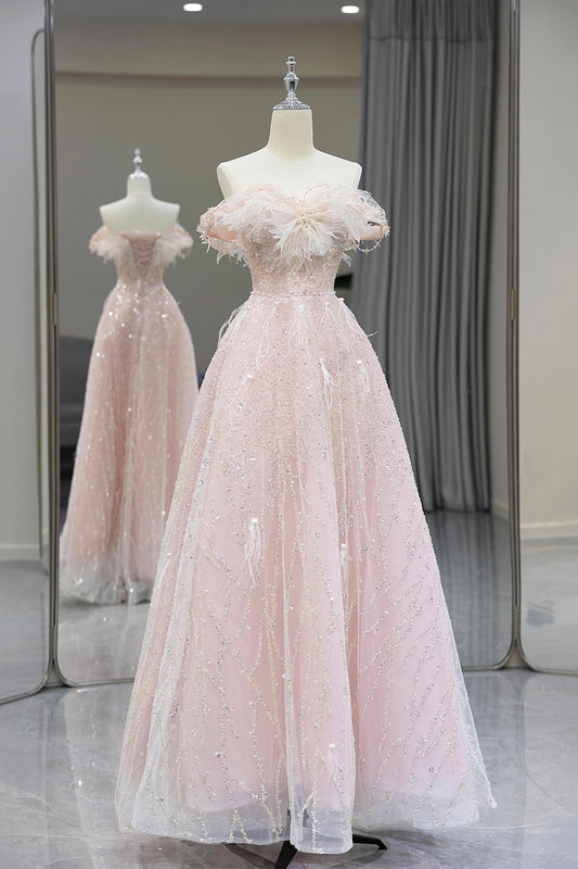 Pink Tulle Sequins Floor Length Prom Dress, Beautiful Off the Shoulder Party Dress