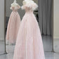 Pink Tulle Sequins Floor Length Prom Dress, Beautiful Off the Shoulder Party Dress