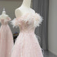 Pink Tulle Sequins Floor Length Prom Dress, Beautiful Off the Shoulder Party Dress