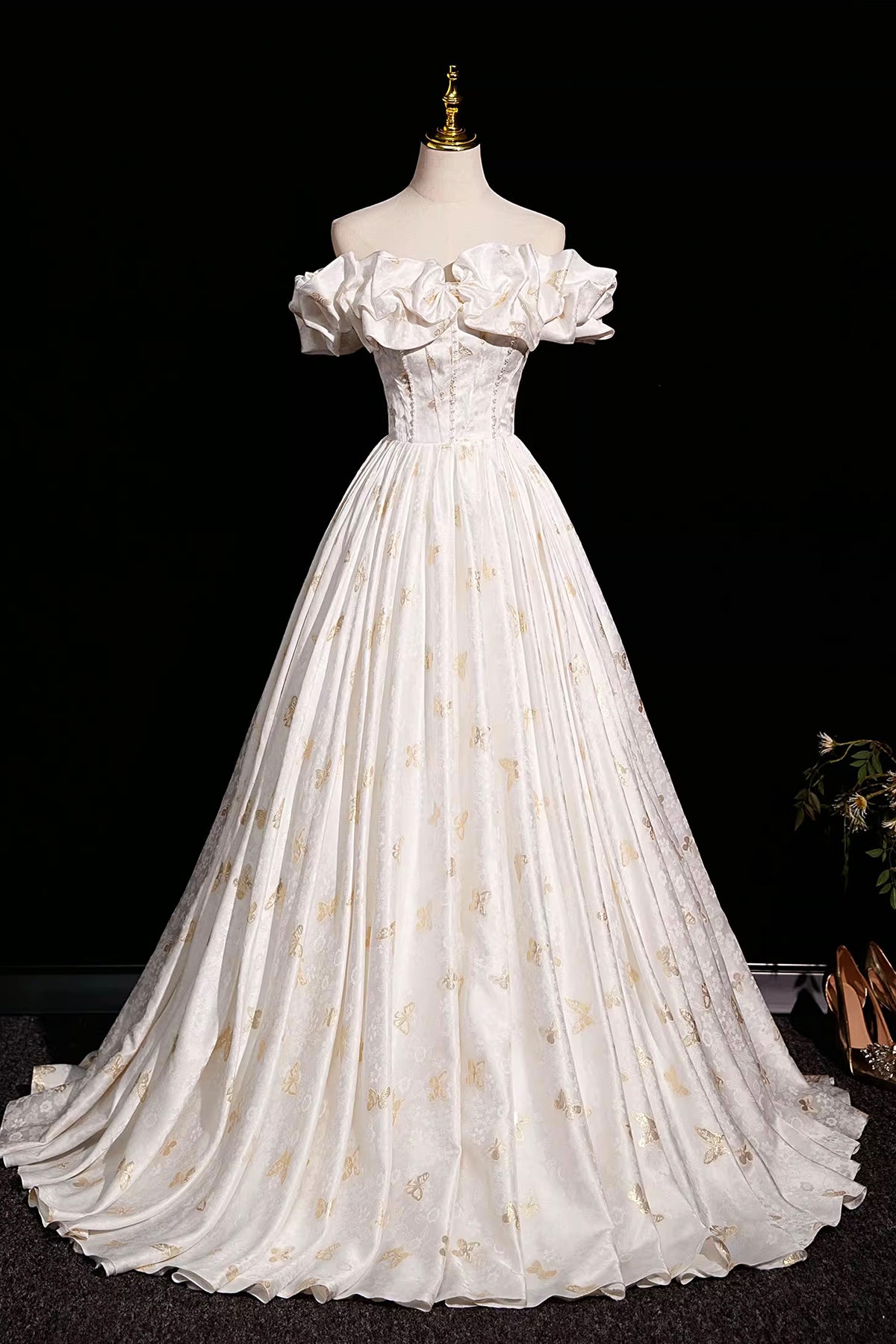 Beautiful Butterfly Print Satin Long Prom Dress, A-Line Off the Shoulder Evening Party Dress