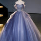 Blue Tulle Sequins Long Prom Dress, A-Line Off the Shoulder Party Dress