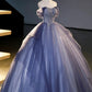 Blue Tulle Sequins Long Prom Dress, A-Line Off the Shoulder Party Dress