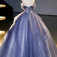 Blue Tulle Sequins Long Prom Dress, A-Line Off the Shoulder Party Dress