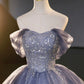 Blue Tulle Sequins Long Prom Dress, A-Line Off the Shoulder Party Dress