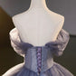 Blue Tulle Sequins Long Prom Dress, A-Line Off the Shoulder Party Dress