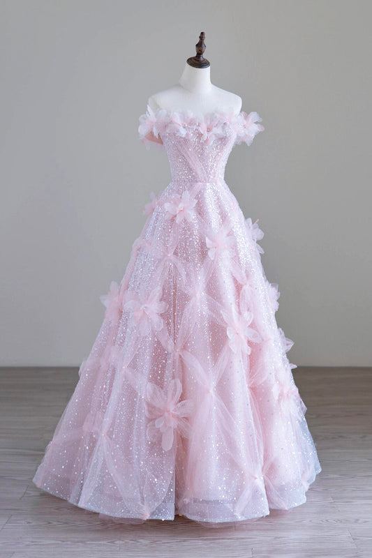 Pink Tulle Sequins Long Prom Dress, Off the Shoulder Evening Party Dress