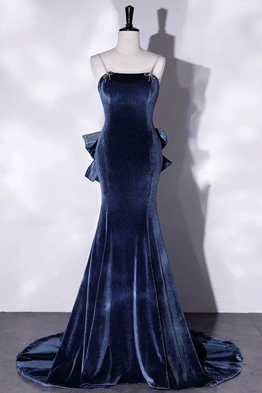 Mermaid Velvet Floor Length Prom Dress, Blue Spaghetti Strap Backless Evening Party Dress