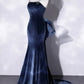 Mermaid Velvet Floor Length Prom Dress, Blue Spaghetti Strap Backless Evening Party Dress