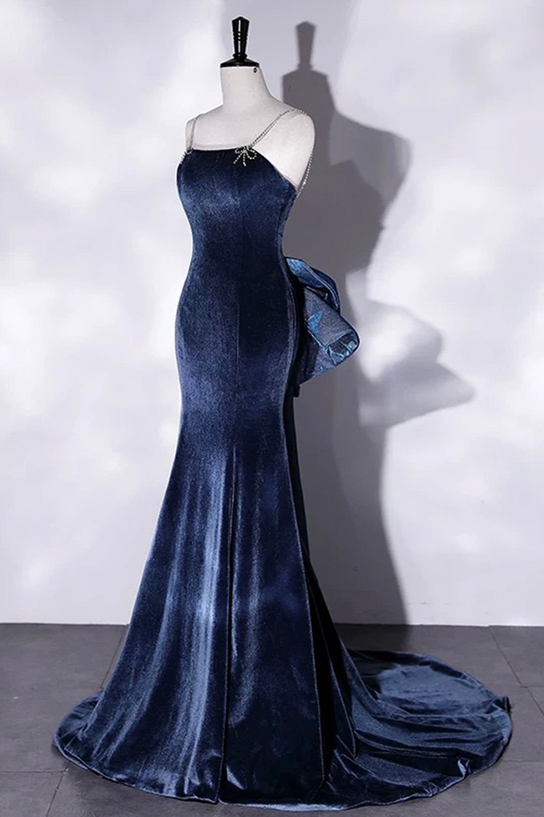 Mermaid Velvet Floor Length Prom Dress, Blue Spaghetti Strap Backless Evening Party Dress