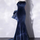 Mermaid Velvet Floor Length Prom Dress, Blue Spaghetti Strap Backless Evening Party Dress