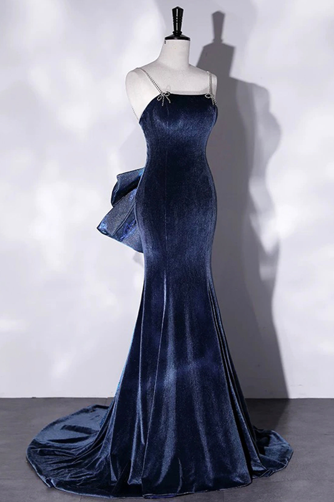 Mermaid Velvet Floor Length Prom Dress, Blue Spaghetti Strap Backless Evening Party Dress