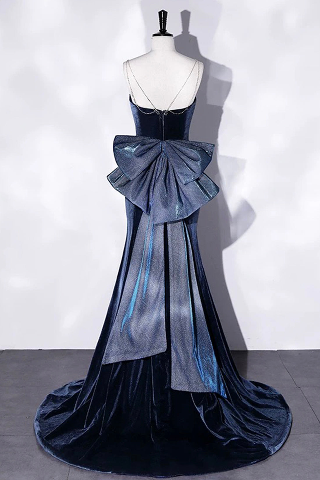 Mermaid Velvet Floor Length Prom Dress, Blue Spaghetti Strap Backless Evening Party Dress