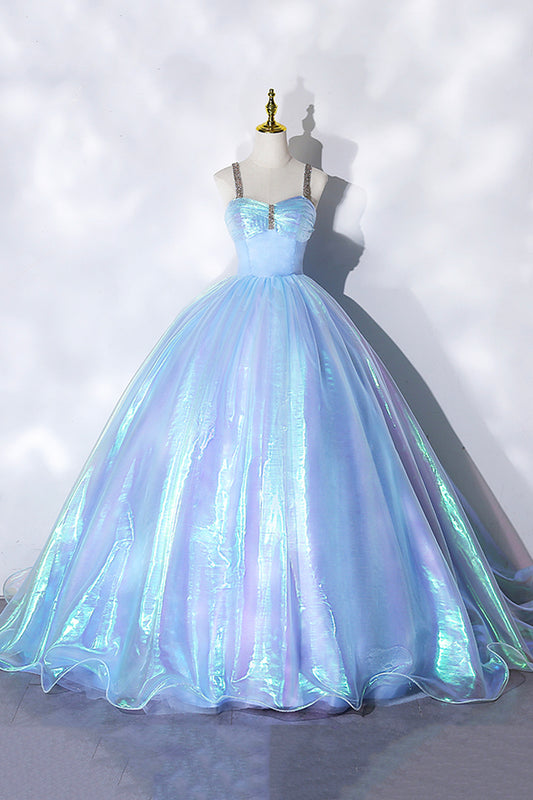 Shiny Blue Tulle Long Formal Dress, A-Line Spaghetti Strap Sweetheart Princess Dress