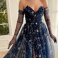 Beautiful Strapless Tulle Long Prom Dress, A-Line Dark Navy Evening Dress