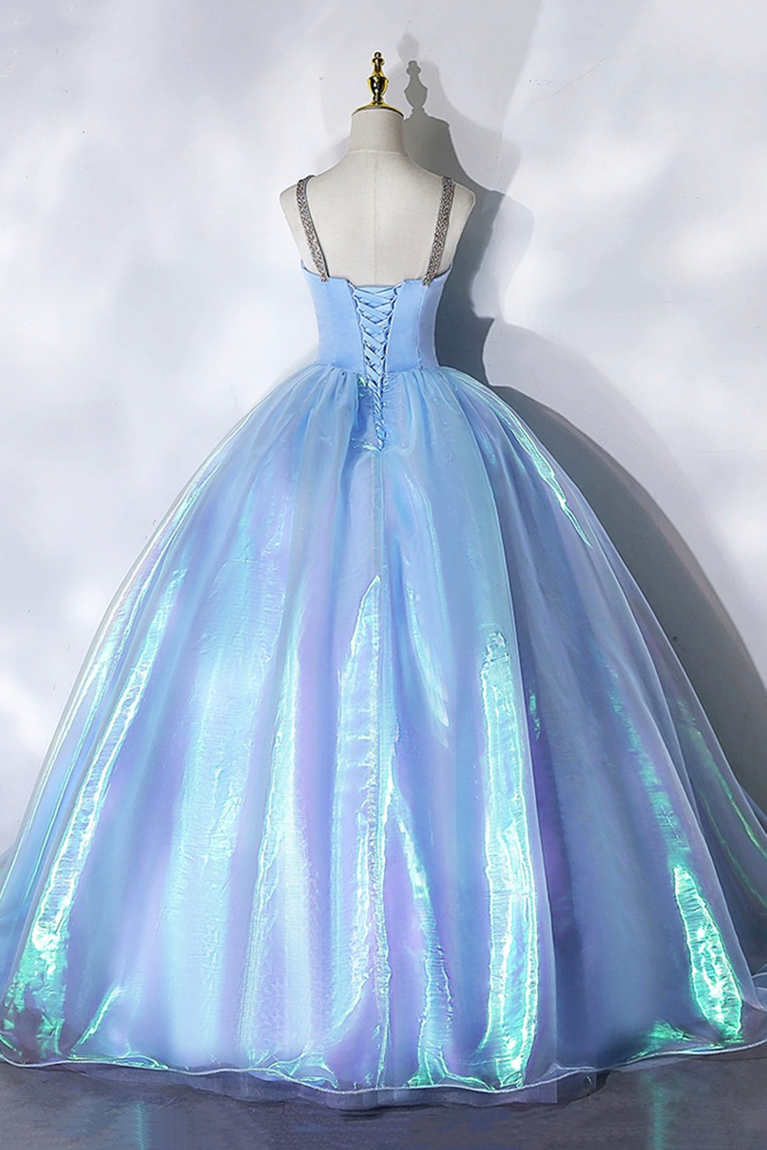 Shiny Blue Tulle Long Formal Dress, A-Line Spaghetti Strap Sweetheart Princess Dress