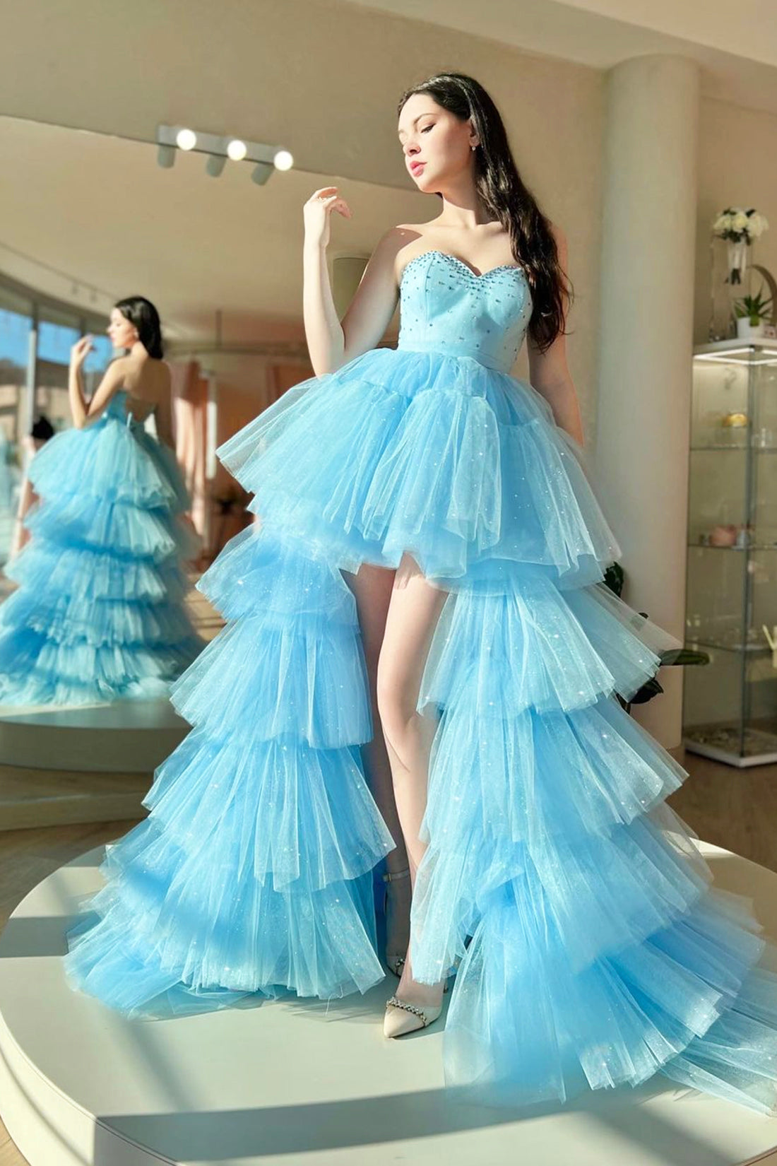 Blue Tulle Beading High Low Prom Dress, A-Line Sweetheart Evening Party Dress