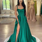 Green Satin Long Prom Dress with Slit, Simple A-Line Evening Party Dress