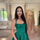 Green Satin Long Prom Dress with Slit, Simple A-Line Evening Party Dress