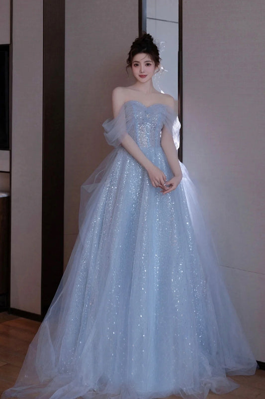 Light Blue Tulle Off Shoulder Formal Dresses , A-Line Sequins Blue Prom Dresses